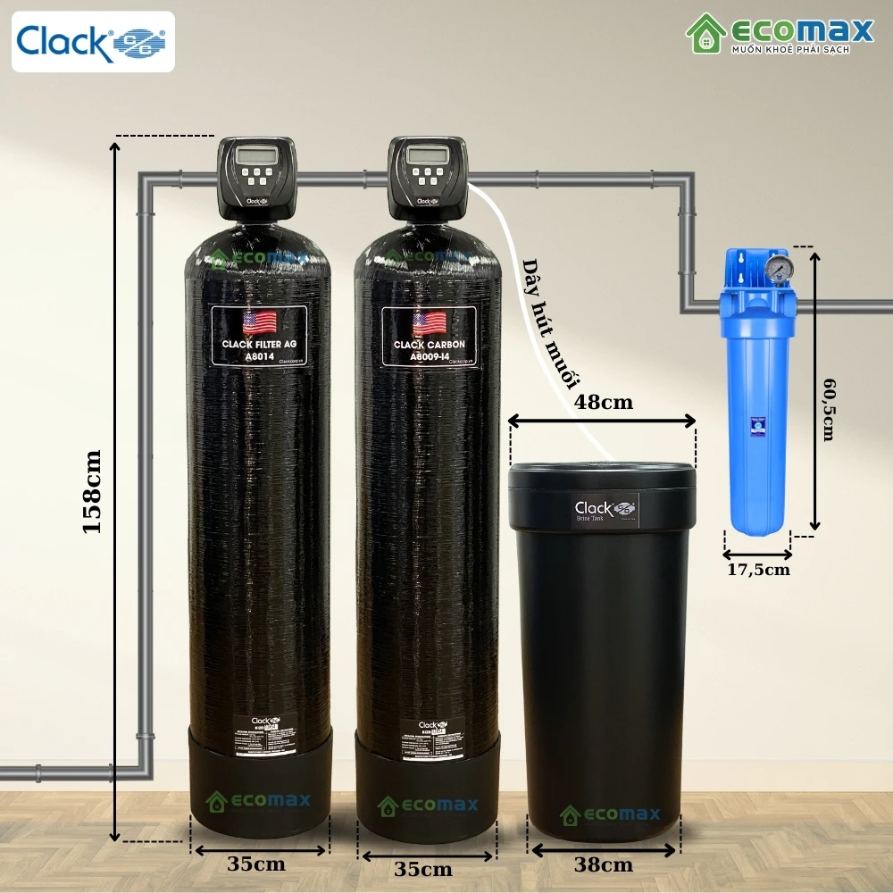 Kích thước hệ thống lọc tổng Clack 1354 CI-02 Softener